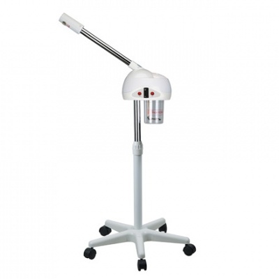 Aparelho de vapor facial branco com braço articulado e base com rodízios