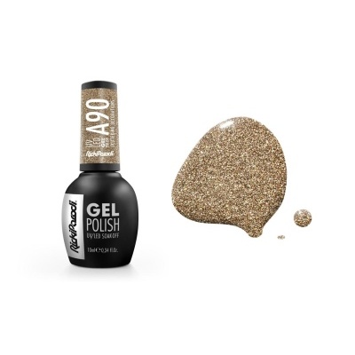 Esmalte gel glitter dourado em frasco preto com tampa dourada.