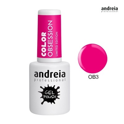 Frasco de verniz gel para unhas branco e rosa com amostra da cor rosa OB3