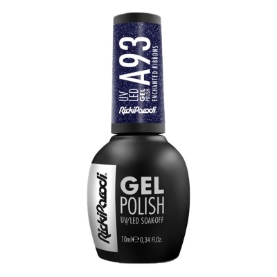 Verniz de gel para unhas preto com tampa azul com texto