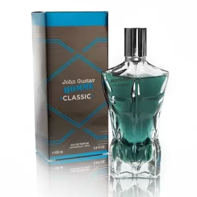 Frasco de perfume John Gustav HOMME CLASSIC e caixa ao lado