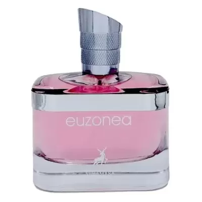 Frasco de perfume transparente com líquido rosa e tampa cinza