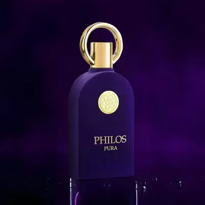 Frasco de perfume roxo com tampa dourada e texto PHILOS PURA