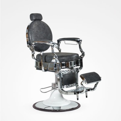 Cadeira de barbeiro cinzenta com metal cromado e base branca