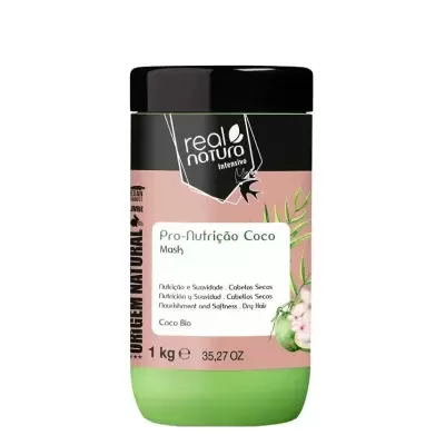 Frasco verde com máscara capilar Real Natura Pro-Nutrição Coco