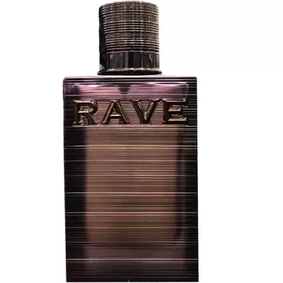 Frasco de perfume metálico roxo escuro com palavra RAVE em relevo
