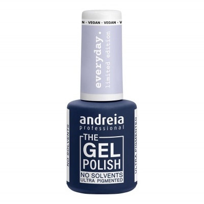 Verniz gel azul escuro da marca Andreia Professional com tampa branca e lilás