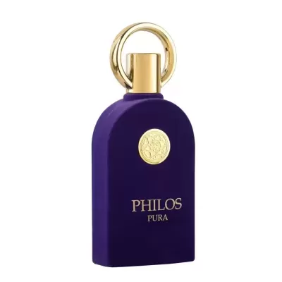 Frasco de perfume roxo escuro com detalhes dourados e texto PHILOS PURA