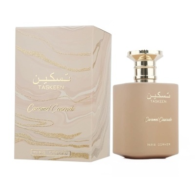 Frasco e caixa de perfume bege com texto TASKEEN Caramel Cascade