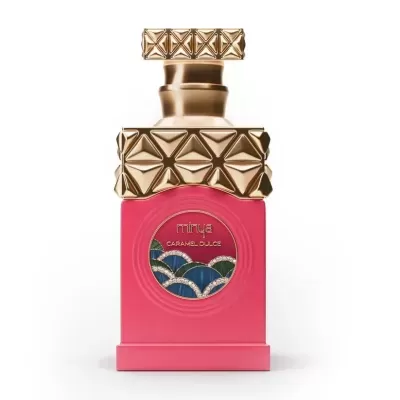 Frasco de perfume Mirya Caramel Dulce rosa com tampa dourada texturizada