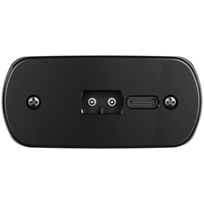 Parte traseira de dispositivo eletrônico preto com porta de alimentação e USB-C