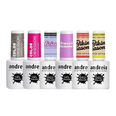 Seis frascos de verniz gel colorido Andreia Professional com tampas coloridas e texto impresso