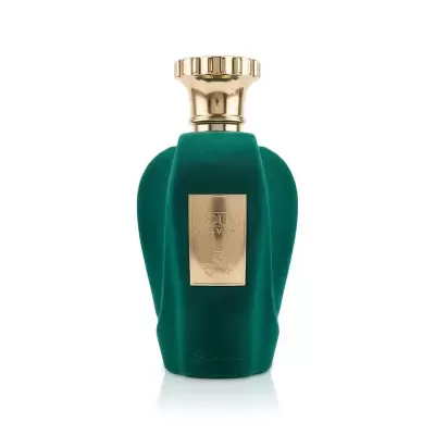 Frasco de perfume verde escuro com tampa dourada e placa frontal dourada