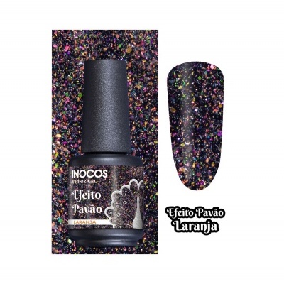 Frasco de verniz gel INOCOS Efeito Pavão Laranja com padrão glitter colorido