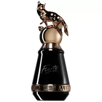 Frasco de perfume preto com tampa dourada e escultura de raposa