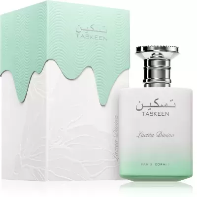 Frasco de perfume branco esverdeado com texto TASKEEN e Lactea Divina junto a caixa branca com tampa verde e relevo