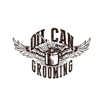 Logotipo OIL CAN GROOMING com lata de óleo com asas em fundo branco