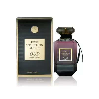 Frasco roxo de perfume Rose Seduction Secret Oud com caixa preta e dourada
