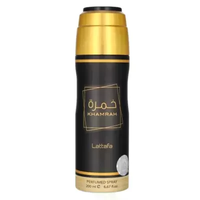 Frasco preto e dourado de spray perfumado Lattafa KHAMRAH 200 ml