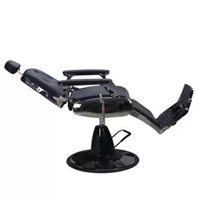 Cadeira de barbeiro reclinável preta com base redonda metálica cromada