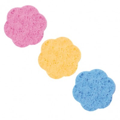 Três esponjas florais coloridas rosa, amarelo e azul