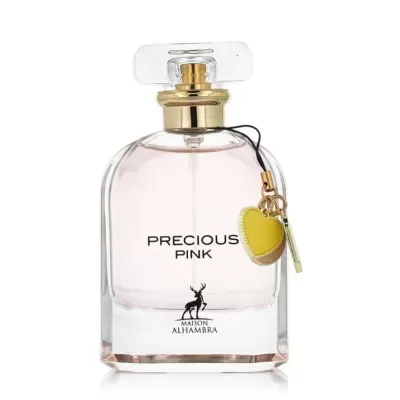 Frasco de perfume transparente com líquido rosa e pendente amarelo em forma de coração