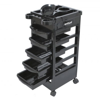 Carrinho de armazenamento preto com gavetas e rodas