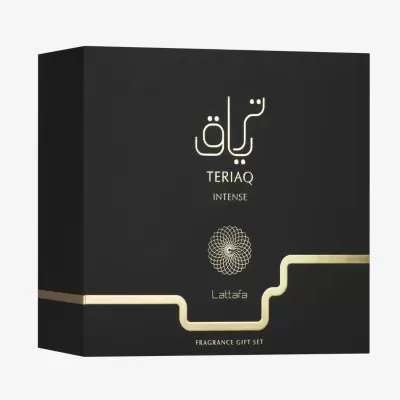Caixa preta com detalhes dourados para conjunto de presente de fragrância TERIAQ INTENSE Lattafa
