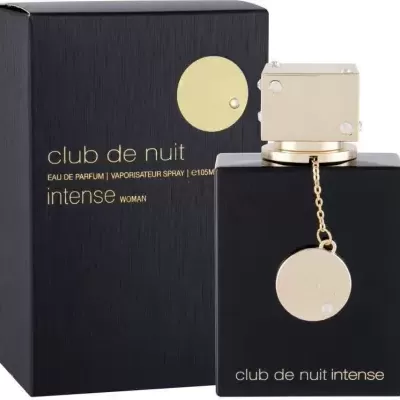 Frasco e embalagem de perfume club de nuit intense feminino preto e dourado