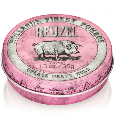 Lata redonda cor-de-rosa da pomada REUZEL com desenho de porco e texto