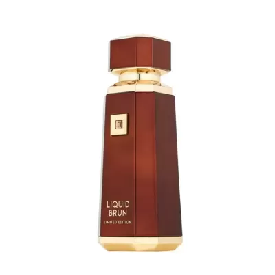 Frasco de perfume castanho com detalhes dourados e texto LIQUID BRUN LIMITED EDITION