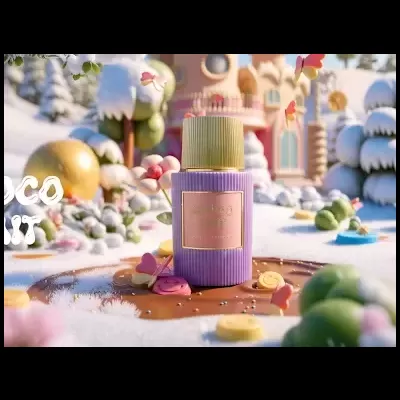Frasco de perfume rosa dourado em decoração de doces e neve