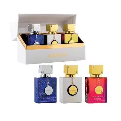 Conjunto de três perfumes ARMAF Club de Nuit com frascos coloridos e caixa branca