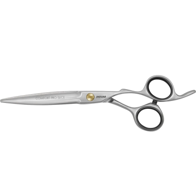 Tesoura de corte prateada com detalhes em preto e texto visível.