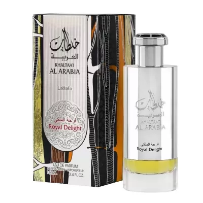 Frasco de perfume Royal Delight com embalagem colorida abstrata