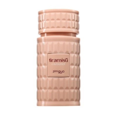 Frasco beige com textura em relevo e rótulo tiramisu caramel zimaya