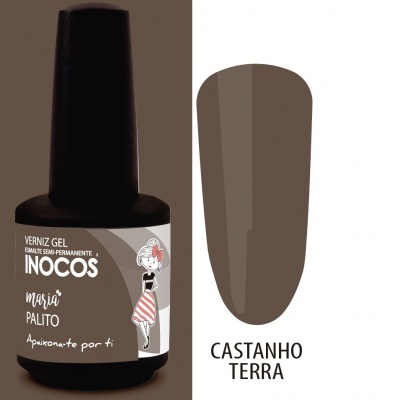 Frasco de verniz gel castanho com rótulo e amostra da cor Castanho Terra