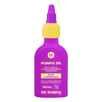 Frasco roxo com tampa amarela de óleo para cabelos Purple Oil da Lola