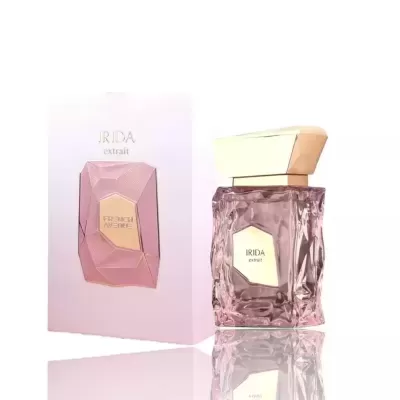 Frasco de perfume rosa com tampa dourada ao lado de caixa branca com texto IRIDA extrait