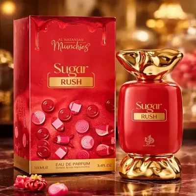 Perfume Sugar Rush Al Wataniah Munchies em embalagem e frasco vermelhos com detalhes dourados