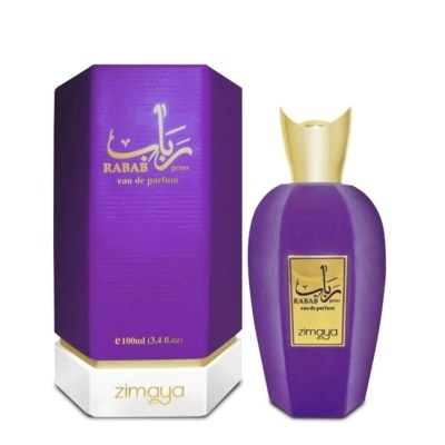 Frasco e embalagem roxa de perfume Rabab Eau de Parfum Zimaya