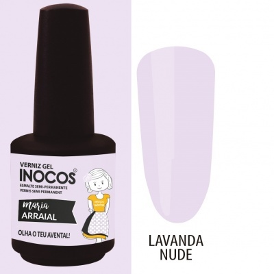 Frasco de verniz gel INOCOS cor Lavanda Nude com rótulo ilustrado