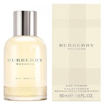 Frasco de perfume Burberry Weekend para mulher com caixa creme ao lado