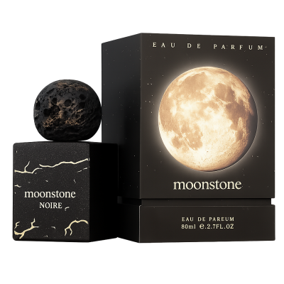 Perfume Moonstone Noire com design preto e tampa em forma de pedra lunar