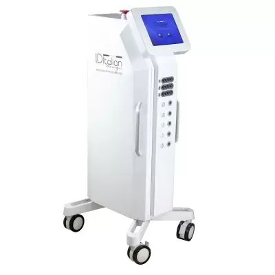 Máquina clínica branca com ecrã táctil azul e botões