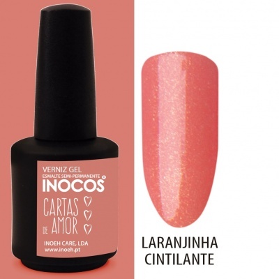 Frasco de verniz gel INOCOS laranjinha cintilante com amostra da cor