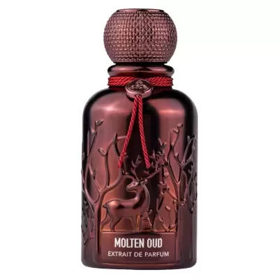 Frasco de perfume em vidro bronze com relevo de veado e árvores