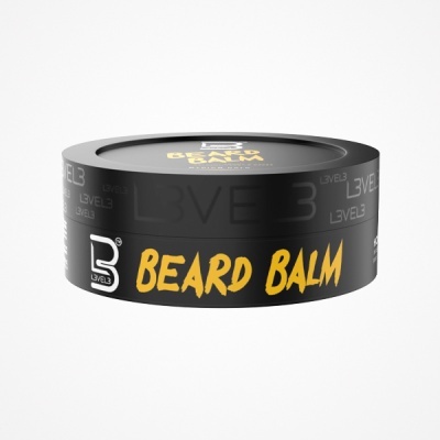 Pote preto de bálsamo para barba com texto amarelo e logotipo branco