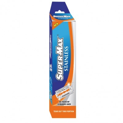 Embalagem azul e laranja de lâminas de barbear Super-Max Stainless