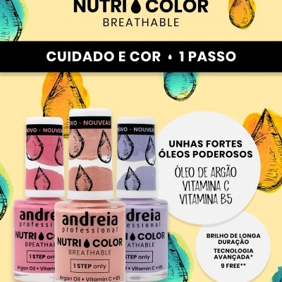 Promoção de vernizes Andreia Nutri Color com fragrâncias e benefícios para unhas fortes